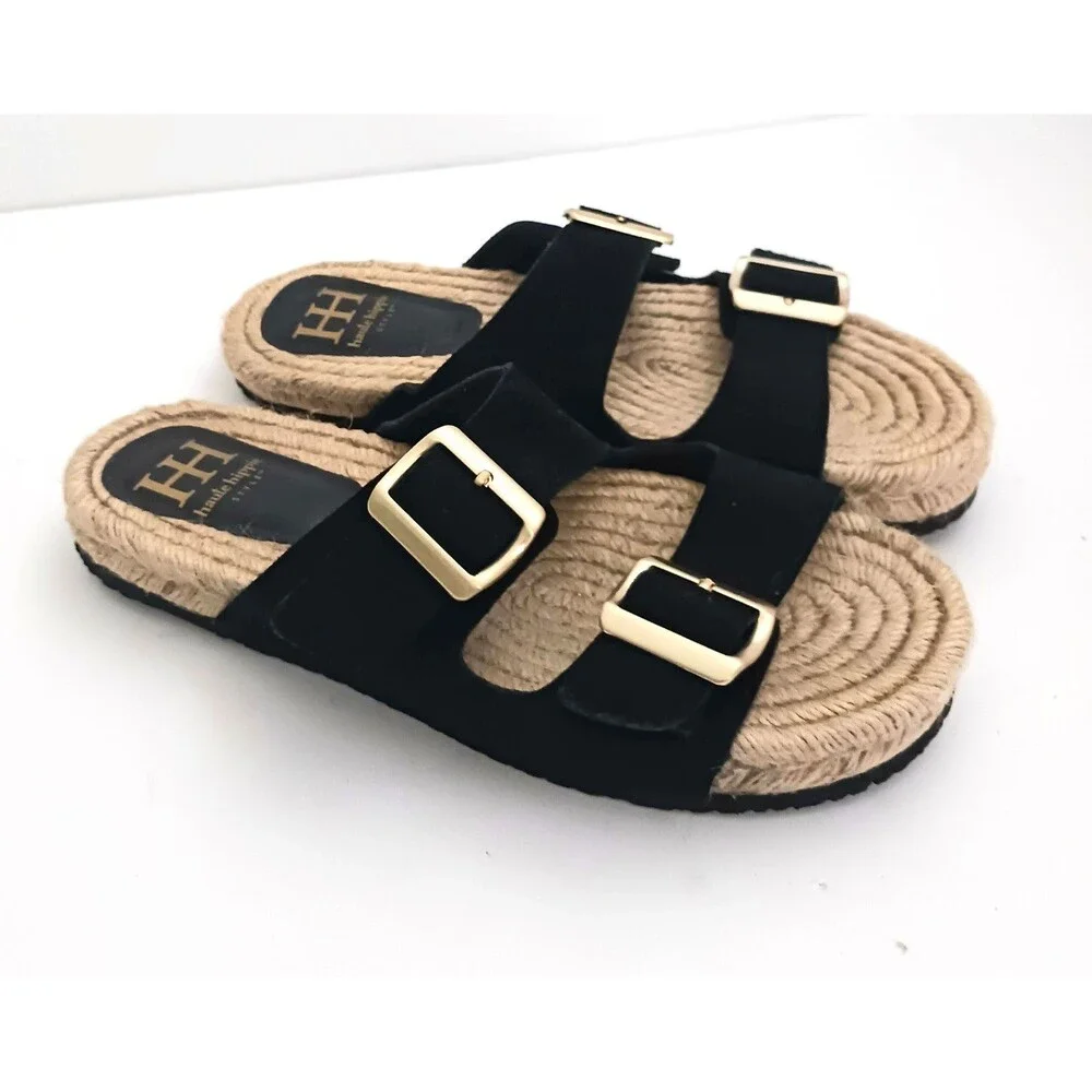 NEW Haute Hippie Blk Suede Straps Gold Buckle Flat Espadrille Slides 8.5M